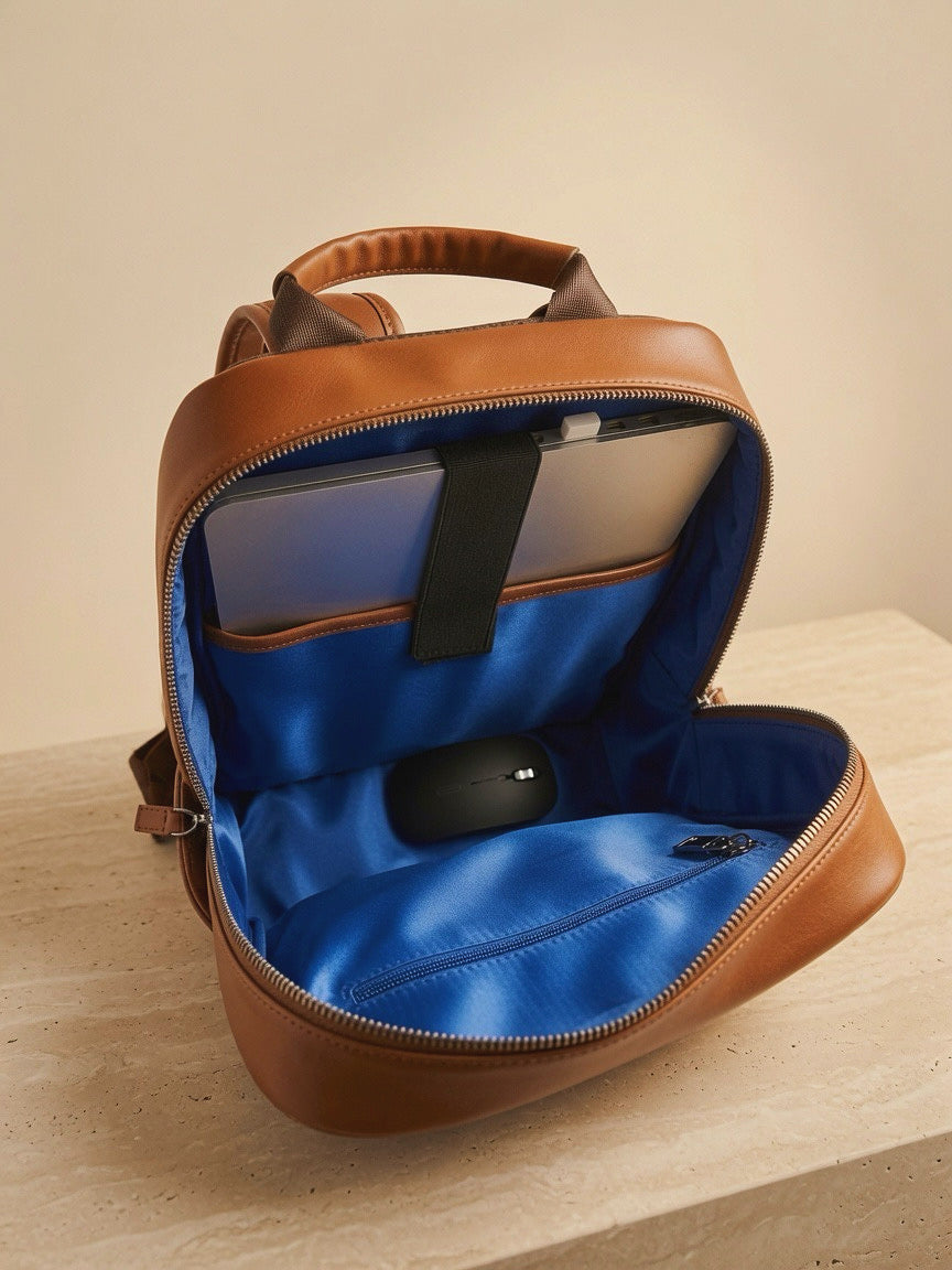 Brown leather backpack with blue interior on a beige surface